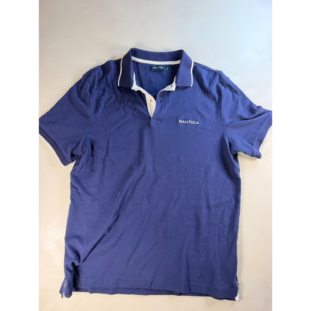 Nautica Polo Shirt Men Large Navy Blue Excellent Short Sleeve Tipped Collar Logo